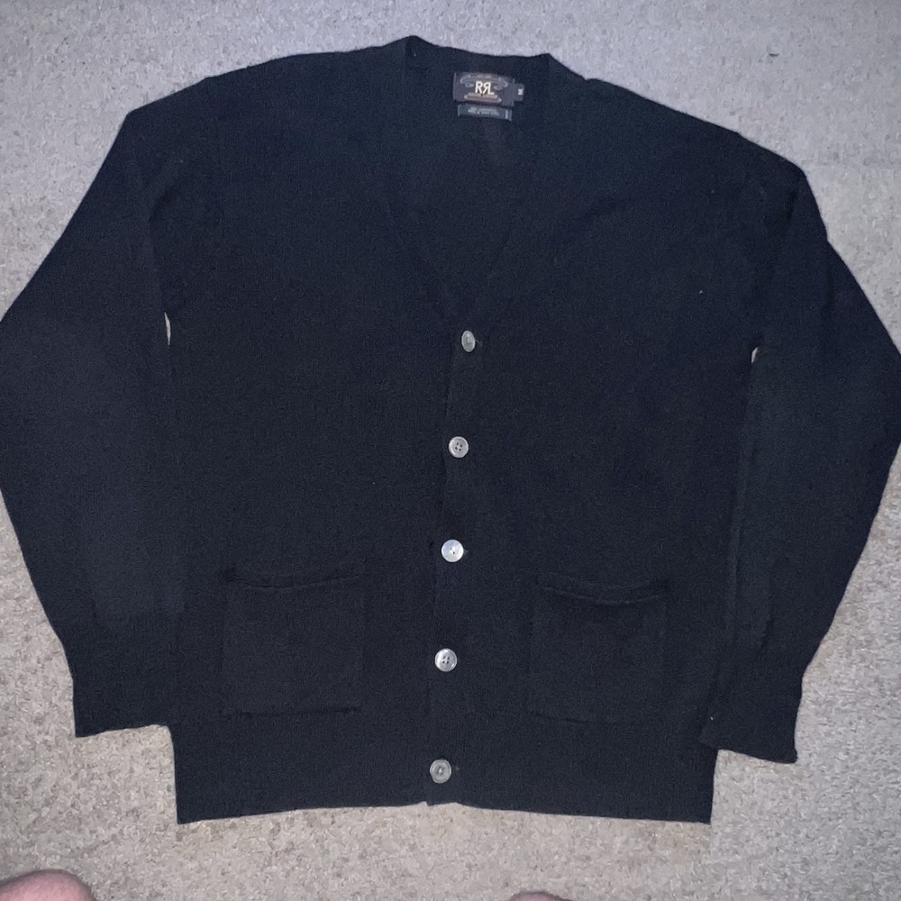 RRL Ralph Lauren 100% Lambwool Black V-Neck Cardigan Sweater Men Button Pocket